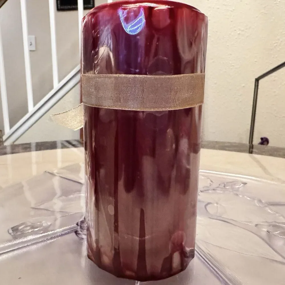 Pier 1 Sugar Plum 3x6 Ribbed Pillar Candle w/ Gold Ribbon & Jewel Charm Holiday